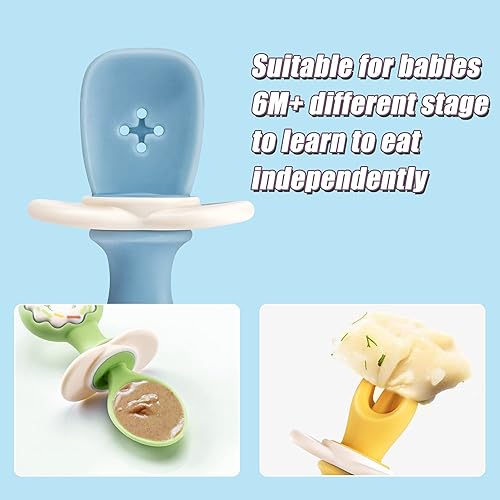 Miniatura 3 de Yeivzwba - Juego de utensilios para niños pequeños, tenedor y cuchara, suministros de alimentación para bebés, 100% silicona de grado alimenticio,