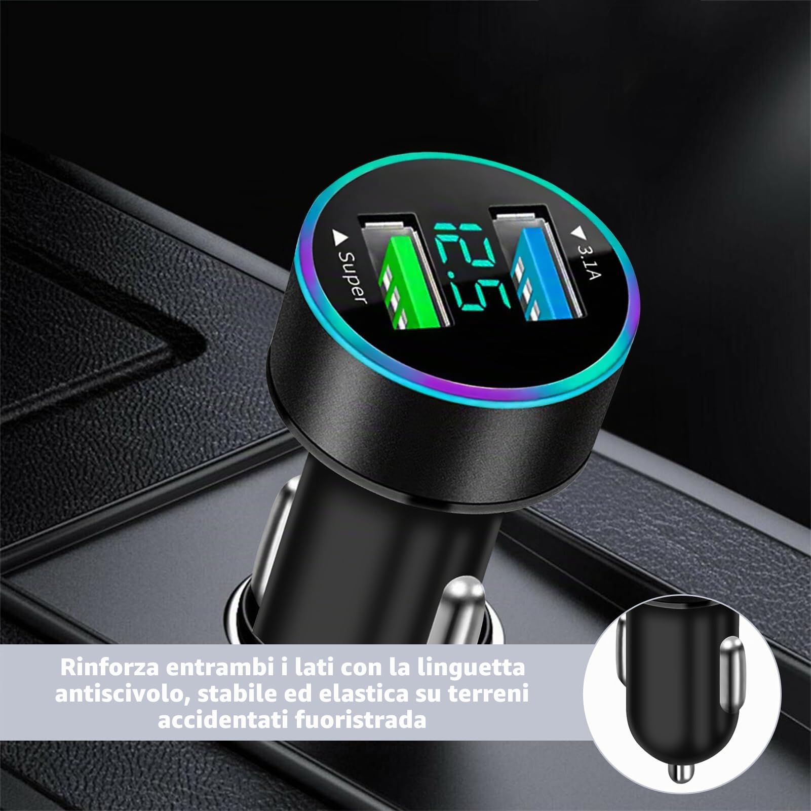 Trasmettitore FM per auto, presa accendisigari USB C 3 in 1, adattatore Bluetooth 5.3 USB-A 3.1A + USB-C 3.1A per telefoni cellulari e chiavette USB, compatibile con iPhon/Android Trasmettitore FM per auto, presa accendisigari USB C 3 in 1, adattatore Bluetooth 5.3 USB-A 3.1A + USB-C 3.1A per telefoni cellulari e chiavette USB, compatibile con iPhon/Android