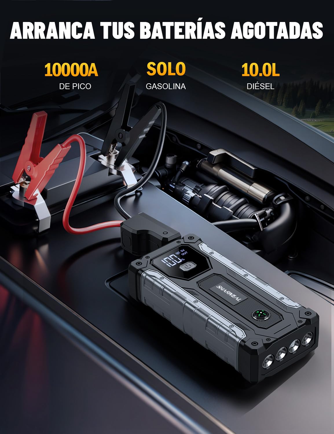 Arrancador de Coche, 10000A Arrancador de Baterías de Coche, 12V Arrancador de Portátil con para All Gasolina o 10L Diesel, Clips de Seguridad Inteligentes, Portable Jump Starter con Linterna LED