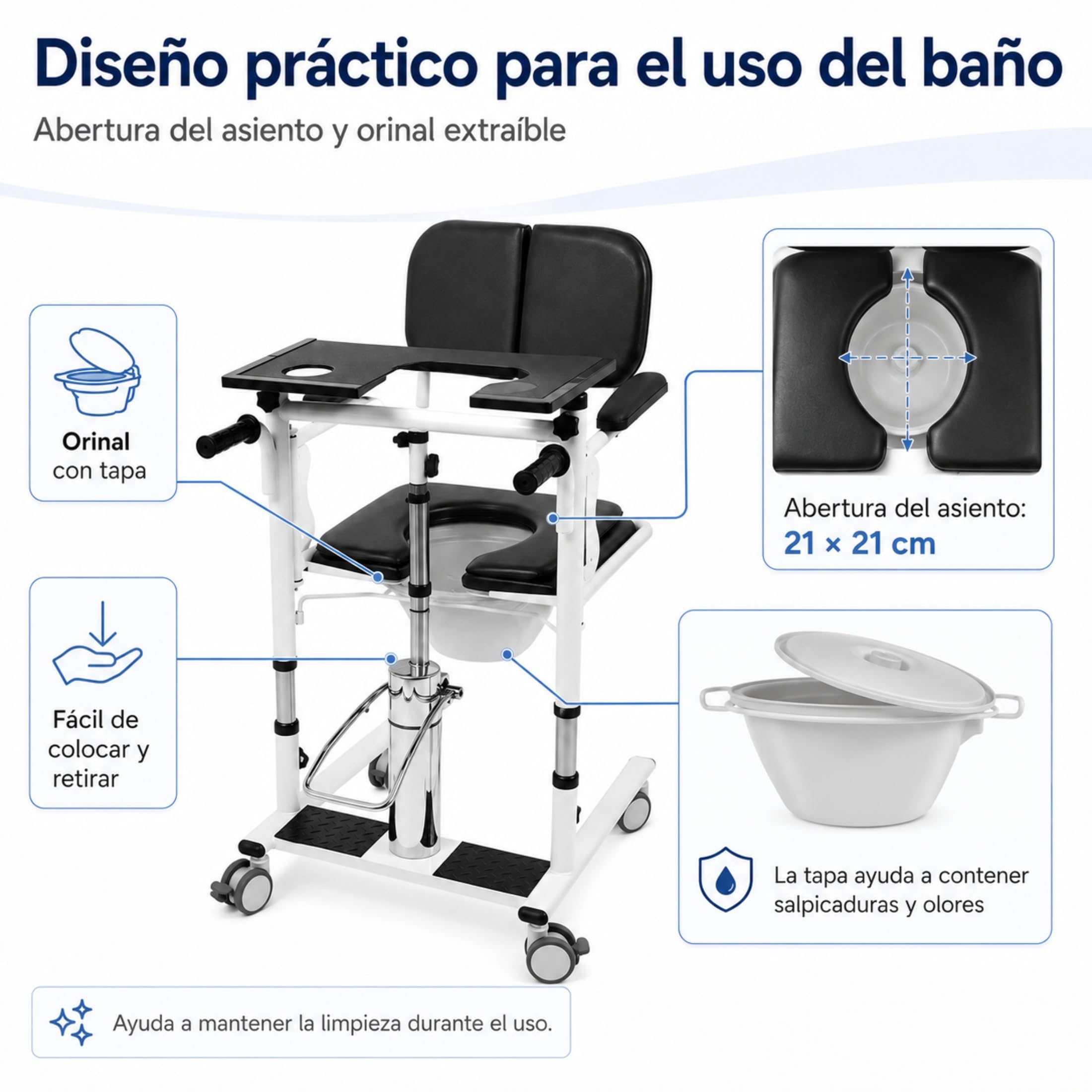 Elevador hidráulico para pacientes, silla de transferencia, 150 kg, altura regulable, silla de ducha con ruedas, silla para inodoro, asiento plegable de 180°, 4 ruedas de freno con bandeja + orinal