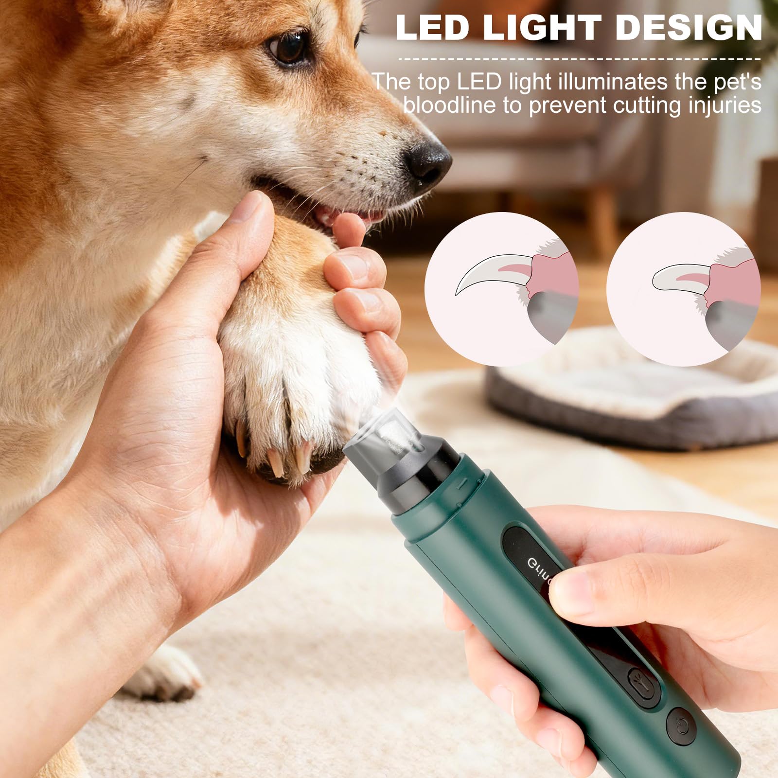 VINATO Cortaúñas Eléctrico para Perros y Gatos, Lima Úñas con Luz LED, 5 Velocidades, 3 Cabezales de Diamante y 3 Puertos, Recargable e Inalámbrico para Todas Las Razas