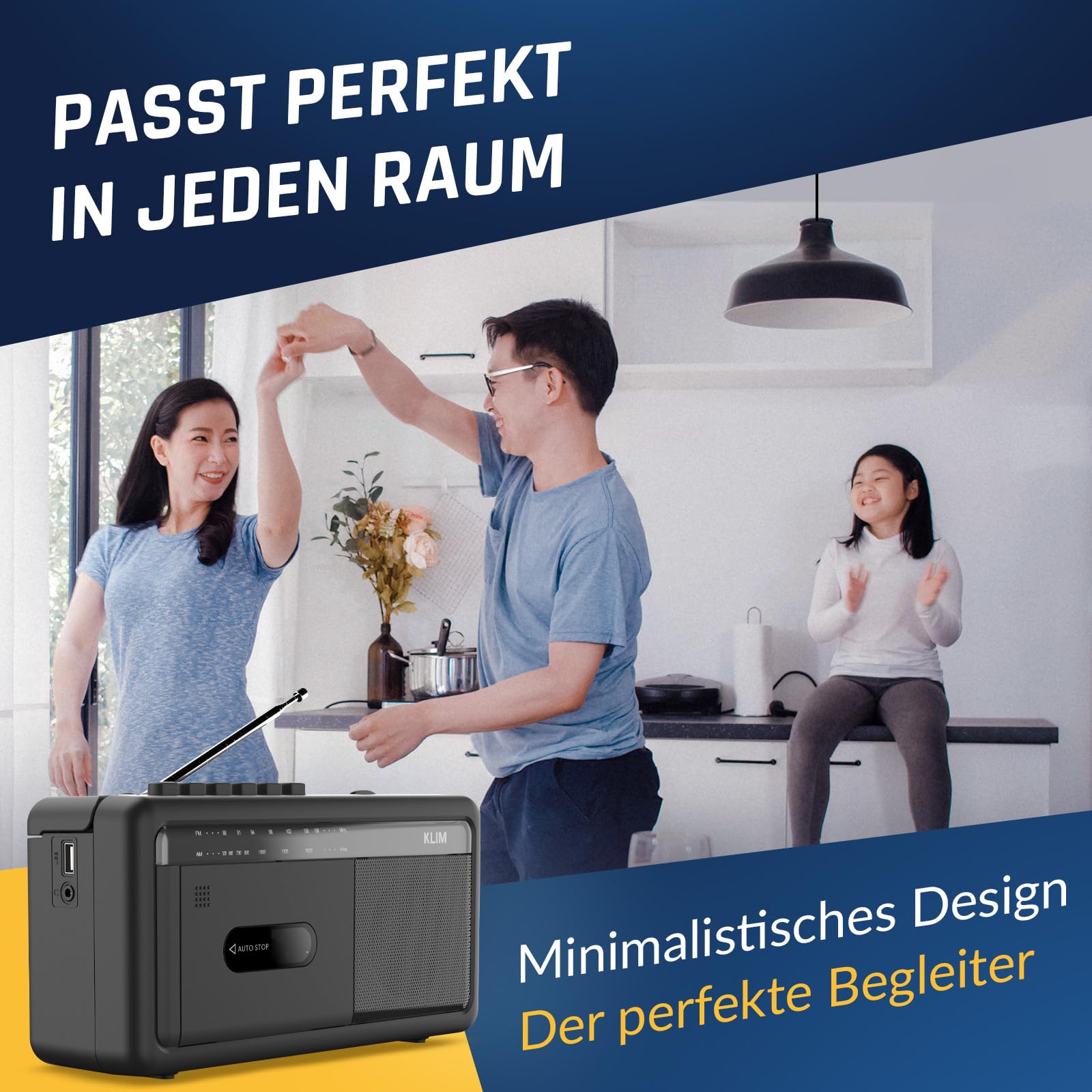 KLIM Tragbare Kassettenspieler Boombox, AM/FM Radio, Bluetooth Radio, Cassette Player & Kassettenrecorder, USB, Lautsprecher, Kopfhöreranschluss, Batteriebetrieb & Netzbetrieb - Schwarz