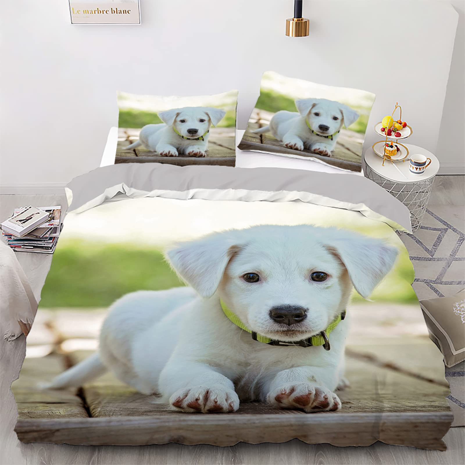 Housse de couette 140x200 chiot blanc pour chambre de fille cocooning