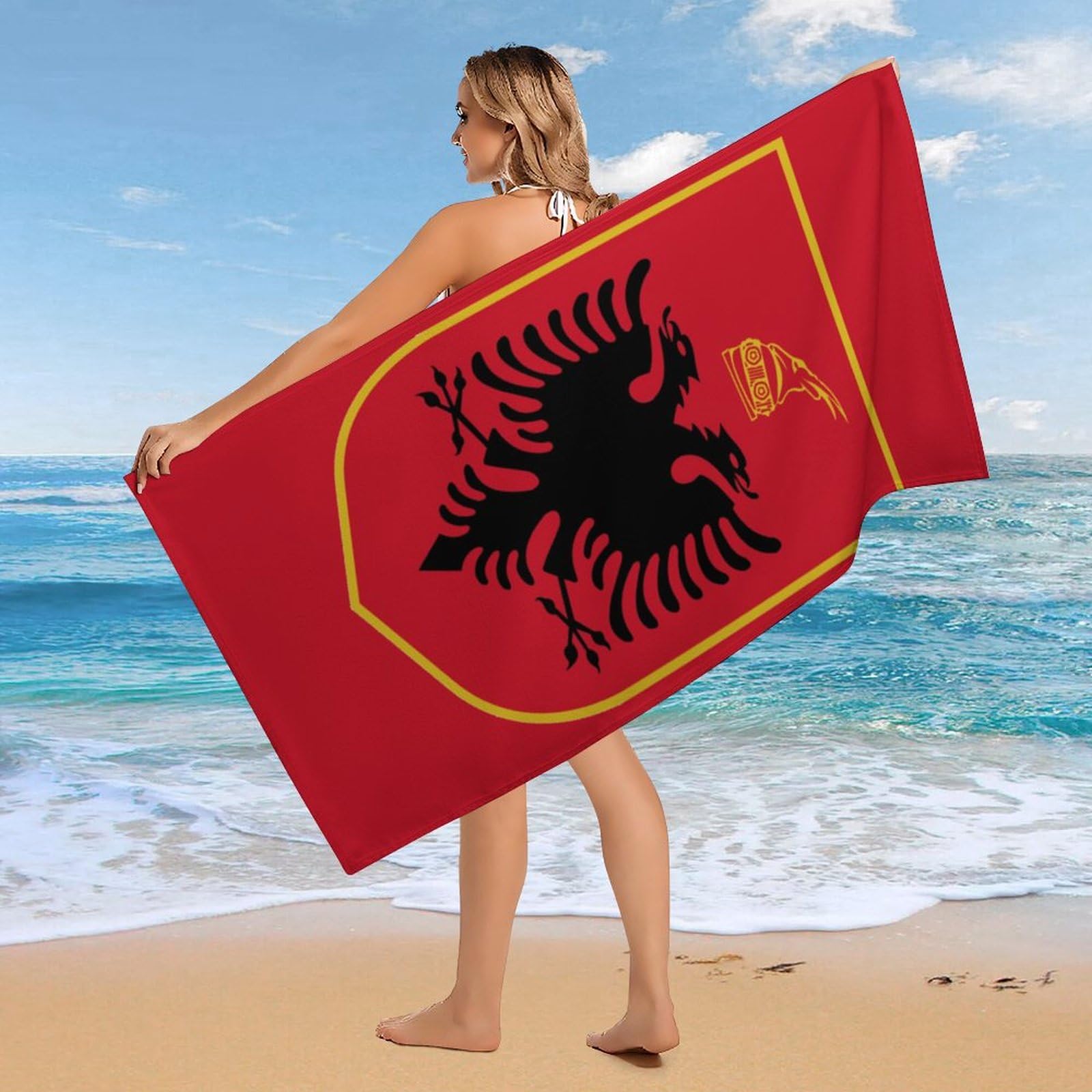 Asciugamano Da Spiaggia In Microfibra Morbido Ad Asciugatura Rapida Per Piscina Bagno Leggero Da Viaggio Con Bandiera E Stemma Della Repubblica D'Albania Per Donne E Uomini 90×180Cm