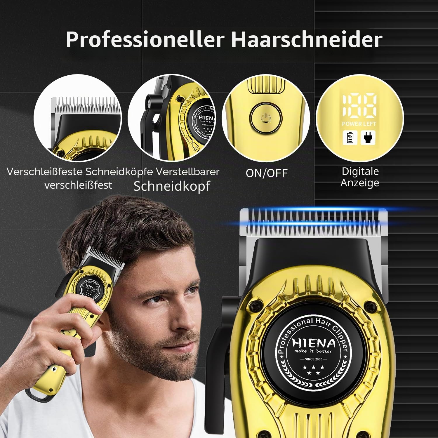 HIENA PRO Barber Set 3 in 1 für Männer, Haarschneidemaschine für Männer, Bartschneider und Rasierer mit LED-Anzeige - Kabellos, Zubehör und Tasche enthalten