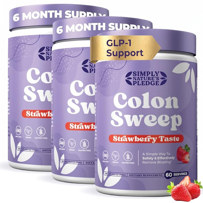 COLON SWEEP Psyllium em pó com probióticos, 2 bilhões de UFC, sabor morango, 3 frascos (1.344 g)