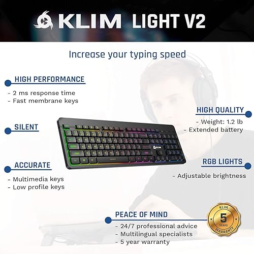 Miniatura 5 de KLIM Teclado inalámbrico recargable Light V2 nuevo 2022 delgado duradero ergonómico retroiluminado teclado inalámbrico para juegos para laptop PC
