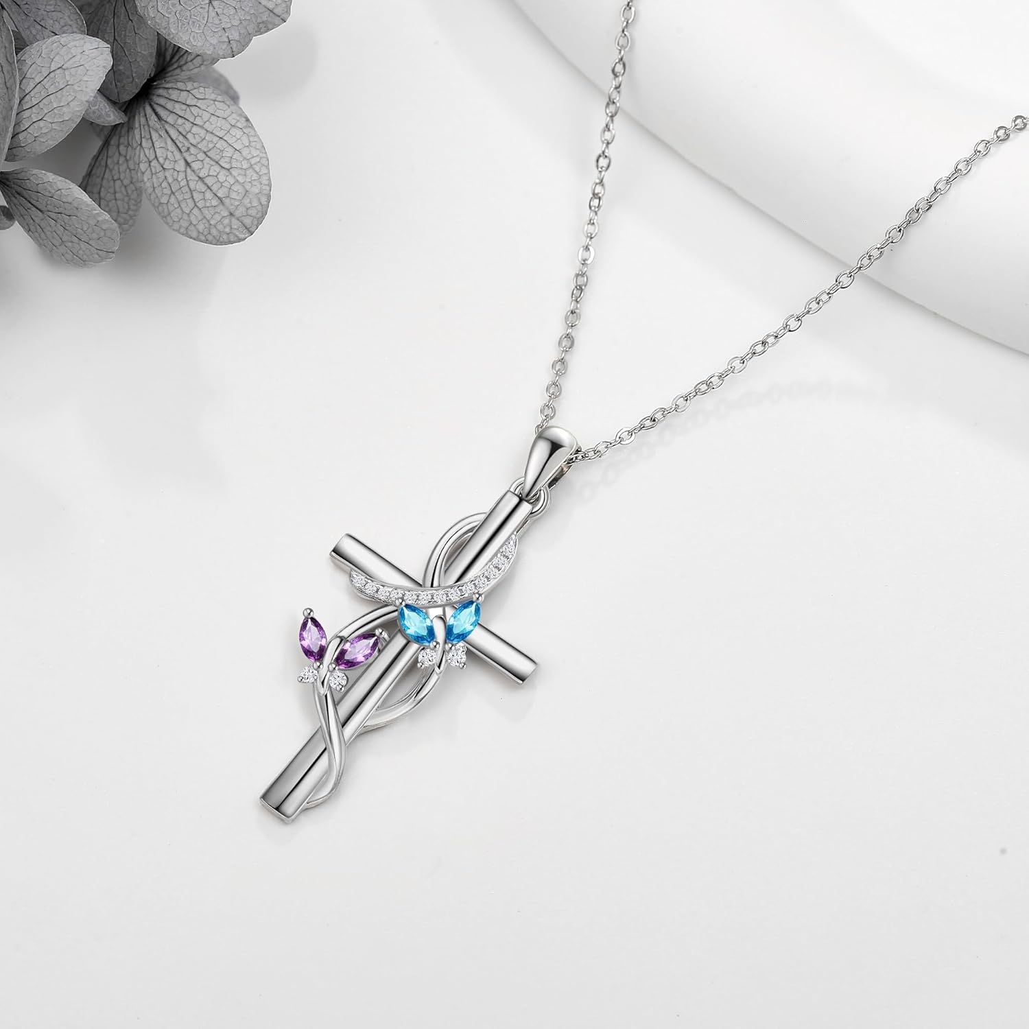 Flower Cross Necklace 925 Sterling Silver Carnation/Rose/Lily/Daisy Cross Necklace Birth Flower Jewelry for Women - Image 3
