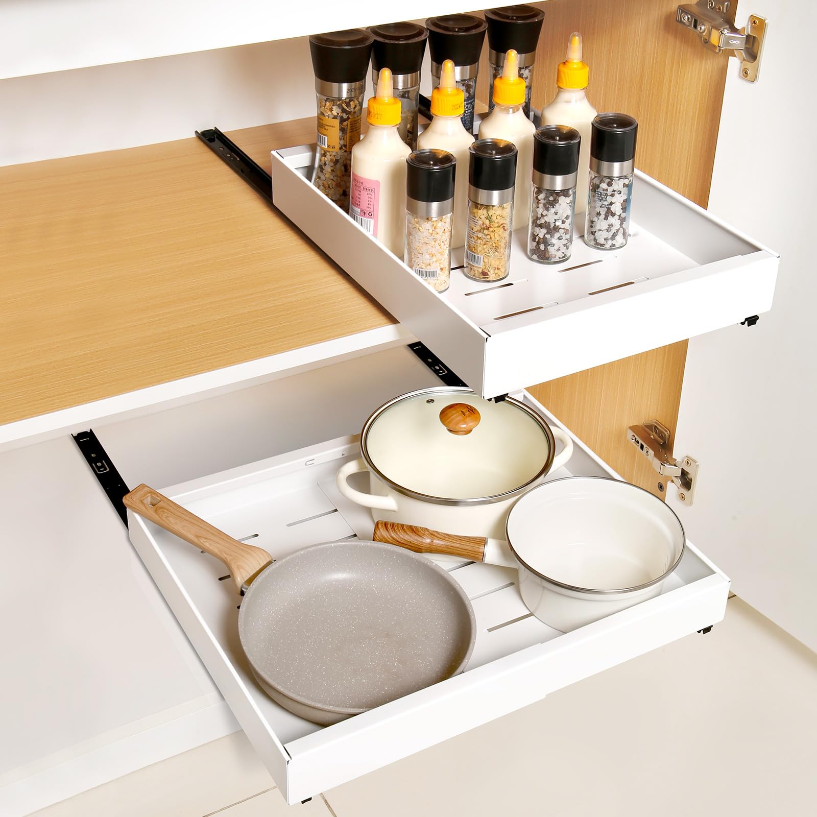 Pull Out Cabinet Organiser, Extendable Large Slide Out Kitchen Storage Drawer Shelf, Drawers Cabinet Basket with Handle for Kitchen Bathroom, No Need Drill and Nailing(Range 32-48cm)