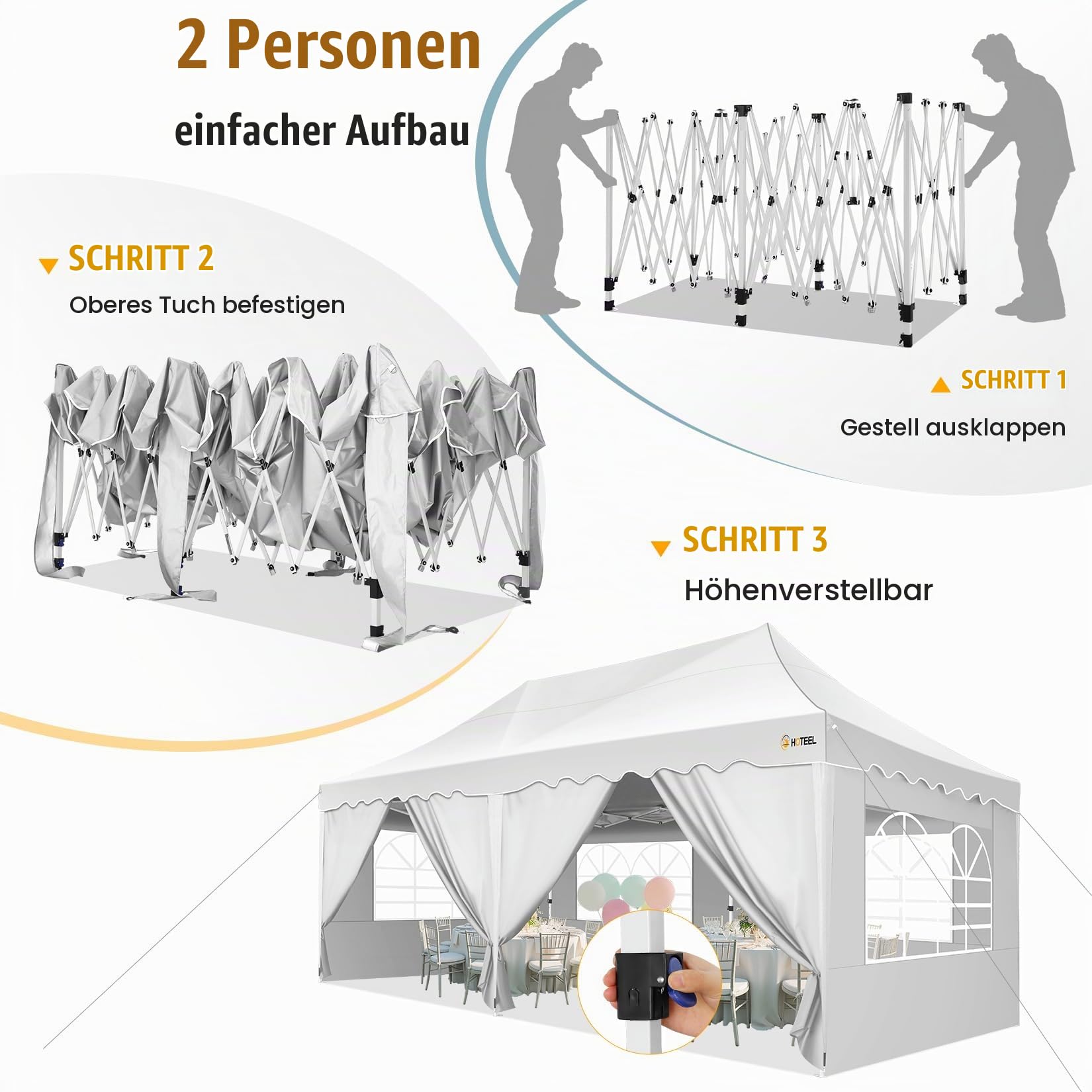 HOTEEL Faltpavillon 3x6 Wasserdicht Stabil mit 6 Seitenwänden (Weiß)