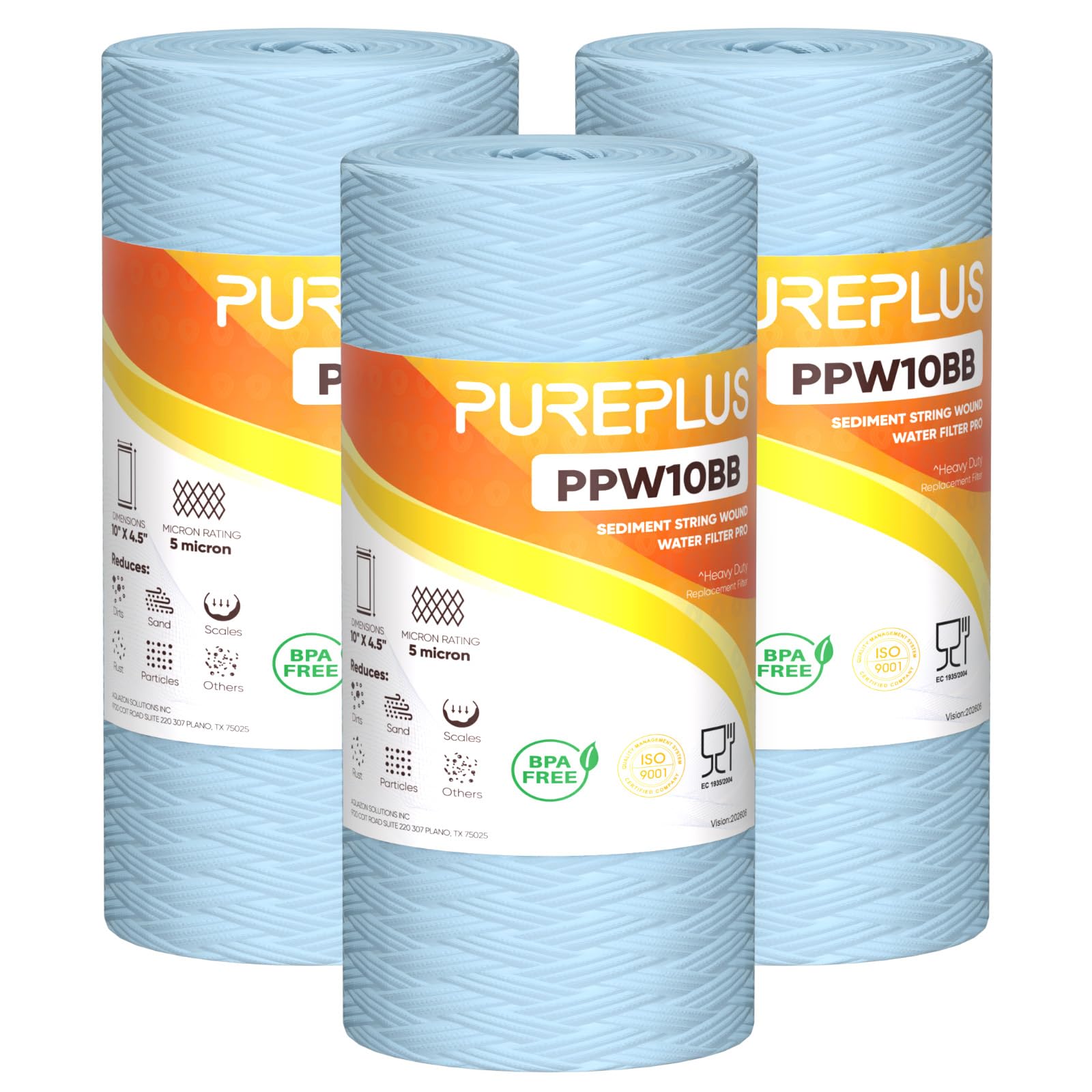 PUREPLUS 5 Micron 10 x 4.5 Whole House Water Filter for Well Water 3 Pack