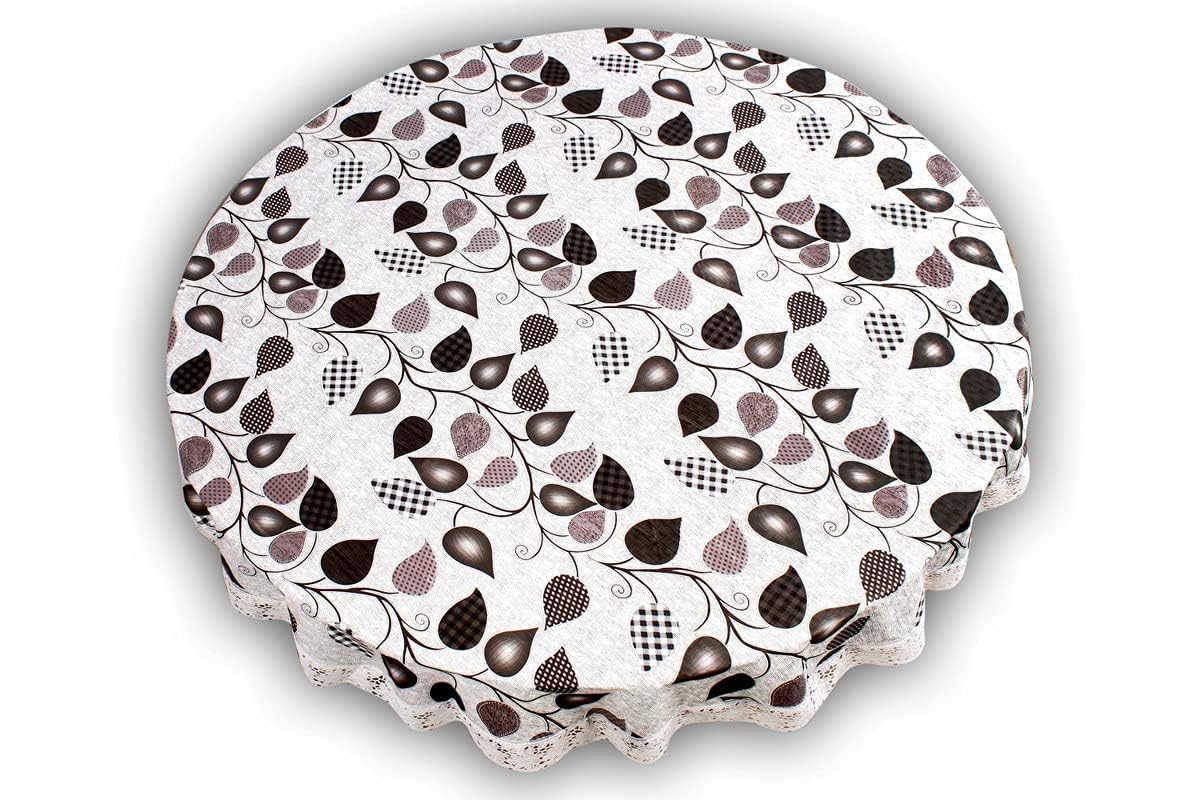 Center & Dining Table Cover Grey Color Leaf Printed Table Cloth with White Lace - Waterpoof & Dustproof Round Shape Table Cloth (40" Round)-Table Cloth Grey 4-image-18