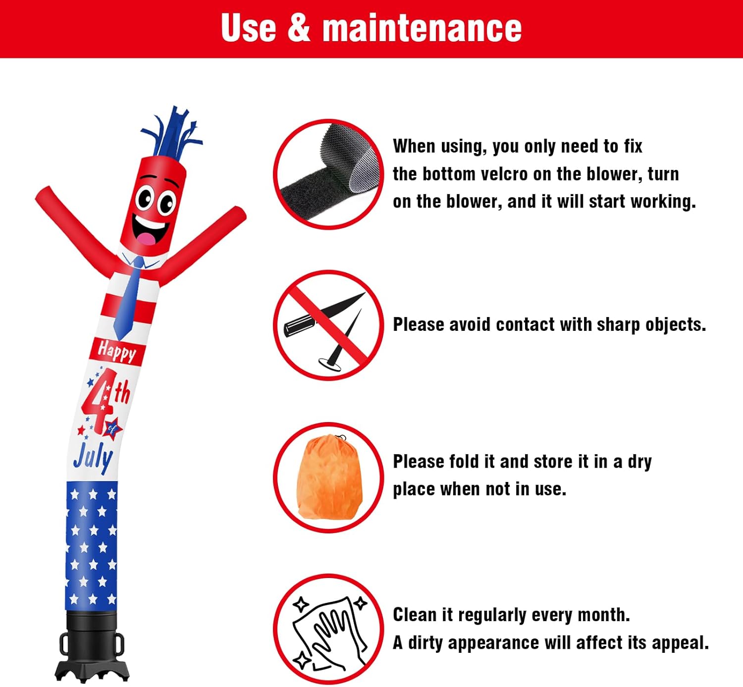10FT Tall Happy 4th of July Inflatable Tube Man (12''Diameter) Wacky Wavy Dancing Guy for Outdoor Decoration Advertising Business Promotion - Independance Day (Blower Not Included)