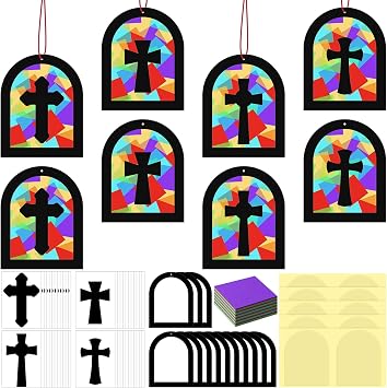 24 Sets Religious Sunday School VBS Cross Crafts 2026 VBS Illumination Theme Crafts Tissue Paper Kit DIY Christian Art Kit Resurrection Church Art Ornaments Sunday School GiftClassic Color