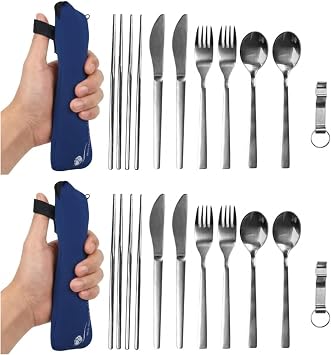 Camping Travel Utensils with Case - 4 Sets DURABLE Fork, Spoon, Knife Silverware - Reusable Portable Hiking Camping Lunch Cutlery & Chopsticks - Family Mess Kit - Stainless Steel