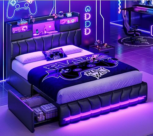 DICTAC Queen Bed Frames with Storage Headboard and 2 Large Drawers, Gaming Bed with RGB Lights and Charging Station, Leather Upholstered Platform Bed, Esports-Style Bed, No Box Spring Needed, Black