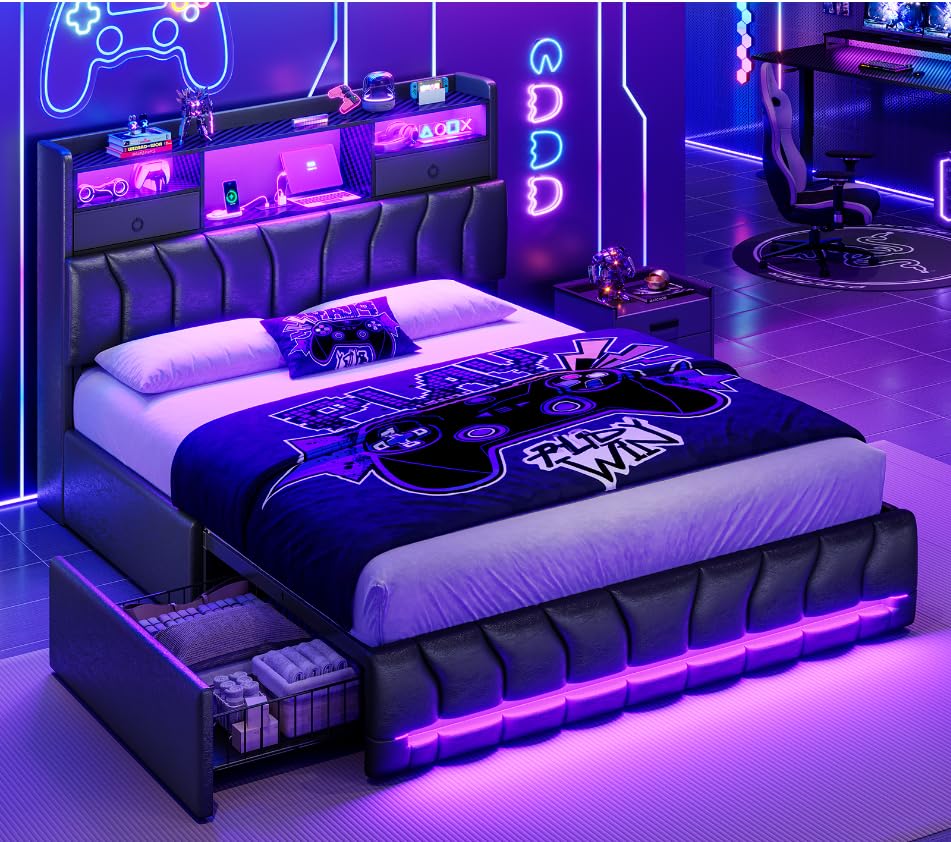 DICTAC Full Bed Frames with Storage Headboard and 2 Large Drawers Gaming Bed with RGB Lights and Charging Station Leather Upholstered Platform Bed Esports-Style Bed No Box Spring Needed Black