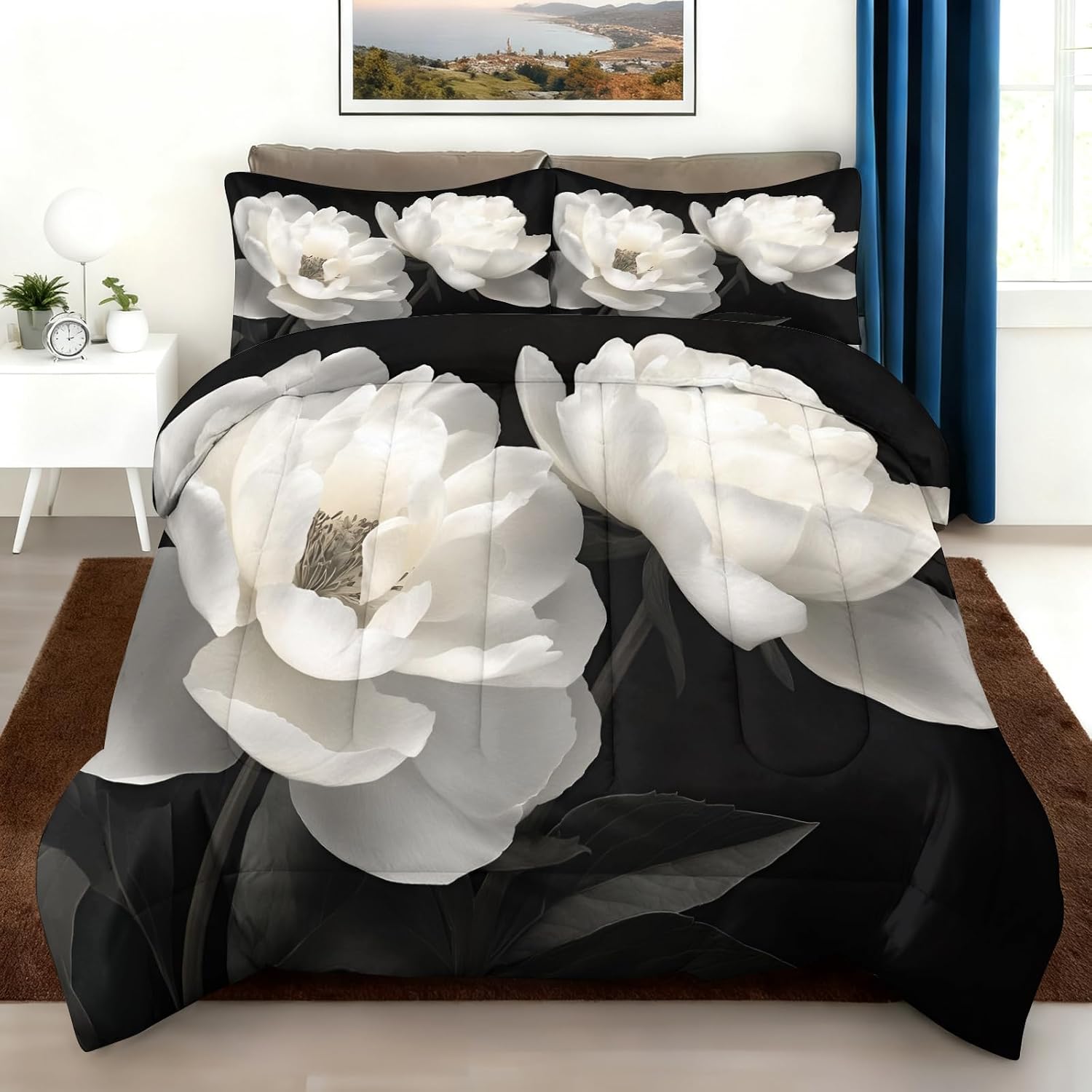White Peony Comforter Set King Black White Floral Quilt Set Room Decor