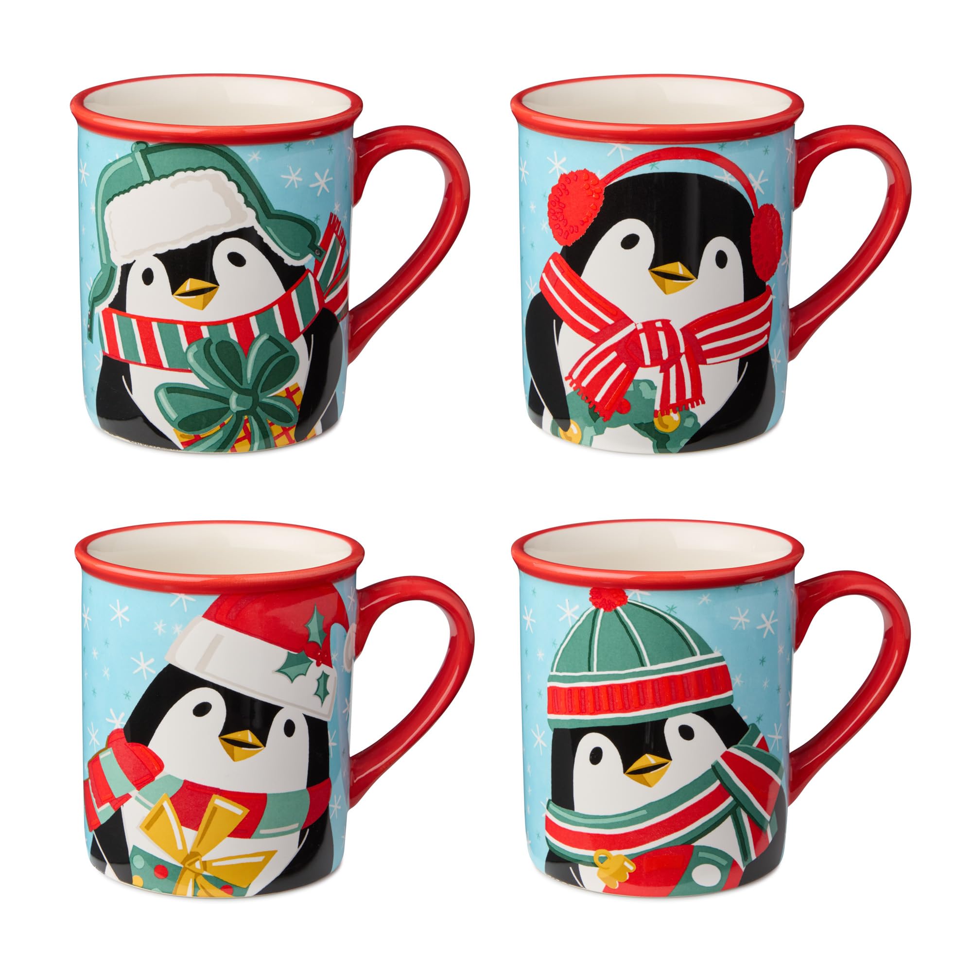 Christmas Whimsy Penguin Mugs – Set of 4 18oz Holiday Coffee & Cocoa Mugs with Playful Penguin Designs, Festive Giftable Drinkware for Winter Tea, Hot Chocolate, and Holiday Entertaining
