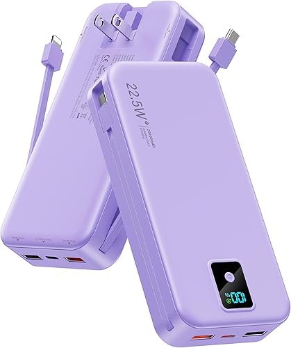 Miniatura 14 de Cargador portátil, cargador de batería de carga rápida de 12000 mAh 22.5 W con cables integrados y enchufe de pared, paquete de batería esencial de