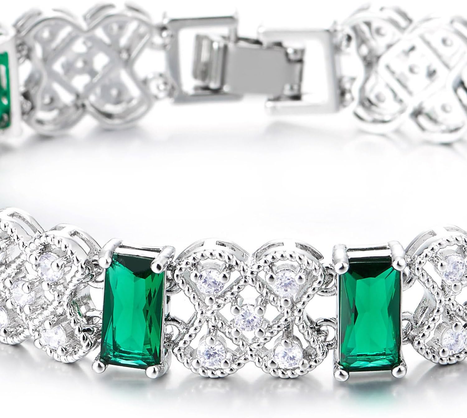 COOLSTEELANDBEYOND Emerald Green and White Cubic Zirconia Link Bracelet Filigree Design, Glamorous Wedding Bracelet - Image 2