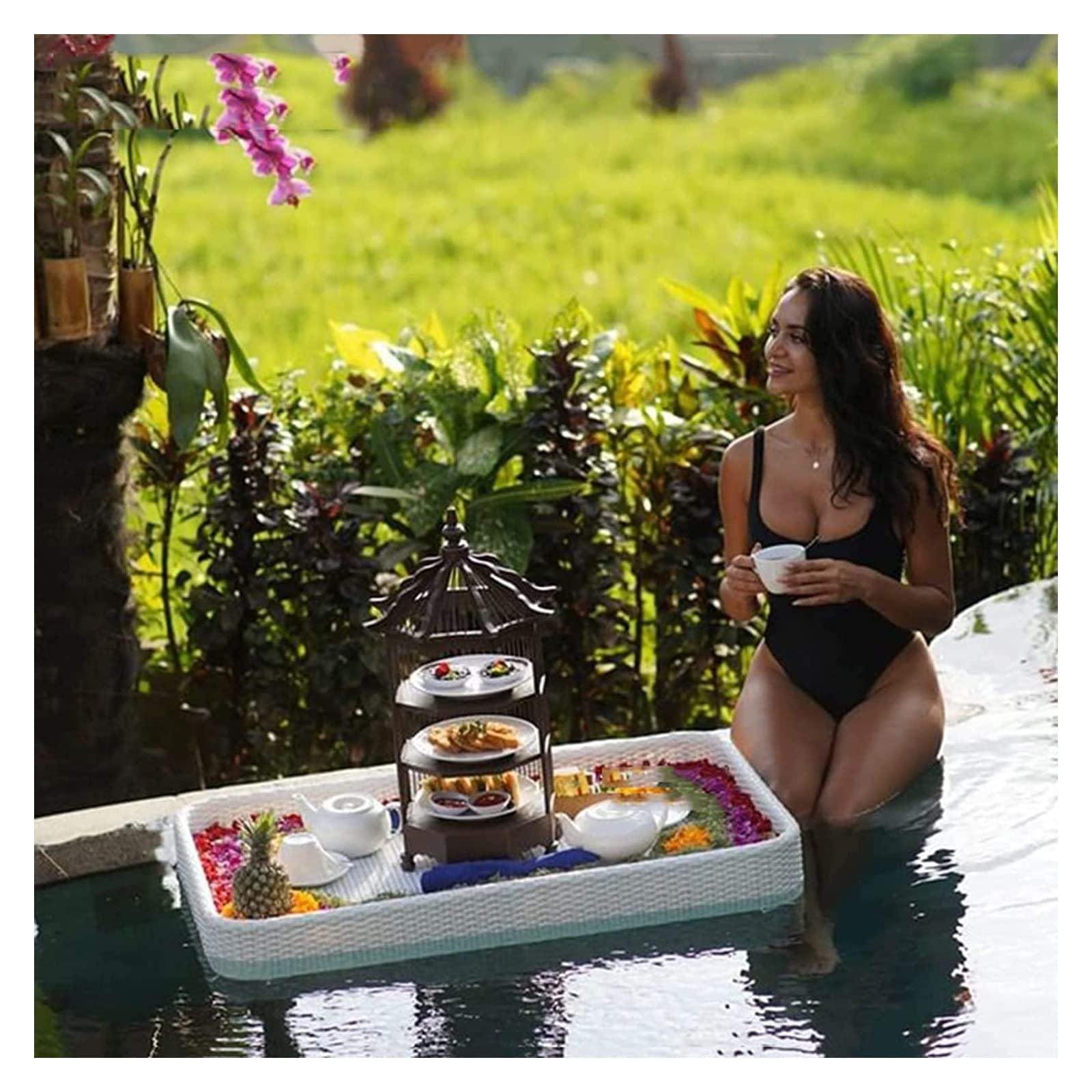 Prettiee Recu Woven Rattan Tray Floating Breakfast Tray Pool Float Tray tial Food Serving Tray for Outdoor Dining and Pool Parties (Blanco)