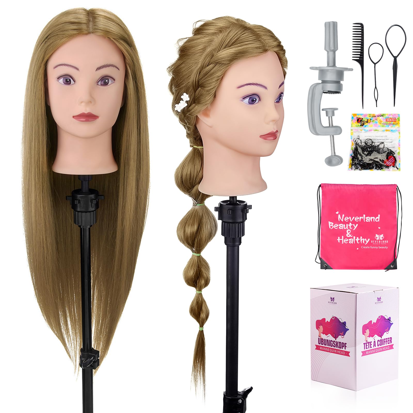 28" Mannequin Head Human Hair, Mannequin Head with 60% Real Hair,Cosmetology Mannequin Doll Head for Hair Styling,Training Practice Braiding Manikin Head with Table Clamp,Hair Styling Set #27