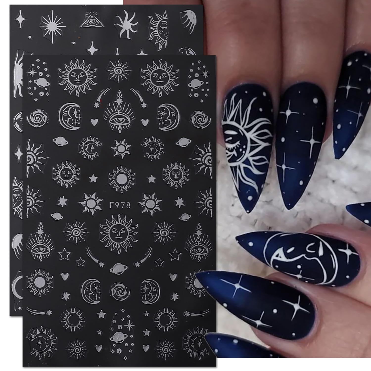 Vezocim Silver Nail Art Stickers Decals, Sun Moon Stars Constellation Nail Self-Adhesive Sticker Designs, 3D Silver Nail Transfer Decals Acrylic