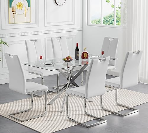 Goujxcy Juego de mesa de comedor de cristal moderno para 6, juego de mesa y sillas de cocina de cristal plateado, juego de mesa de comedor de 7