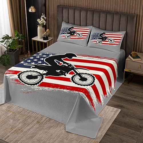 Juego de colcha de motocross King, juego de colcha vintage de bandera estadounidense para adolescentes, niños, jóvenes, decoración del hogar, juego