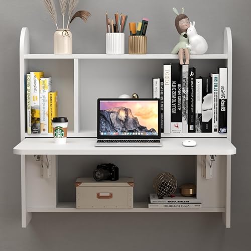 Miniatura 3 de Bixiaomei Mesa de hojas colgantes montada en la pared, escritorio flotante para laptop, mesa plegable con estantes, estación de trabajo