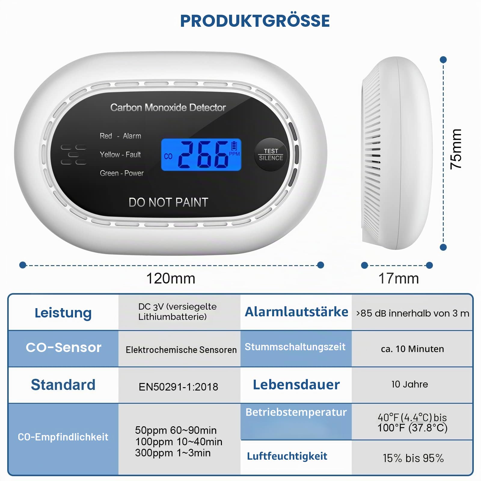 Kohlenmonoxid-Melder mit digitaler LCD-Anzeige, CE-zertifizierter CO-Alarm mit versiegelter 10-jähriger Batterie, unabhängiger hörbarer CO-Detektor für Zuhause, Schwarz, 1 Packung