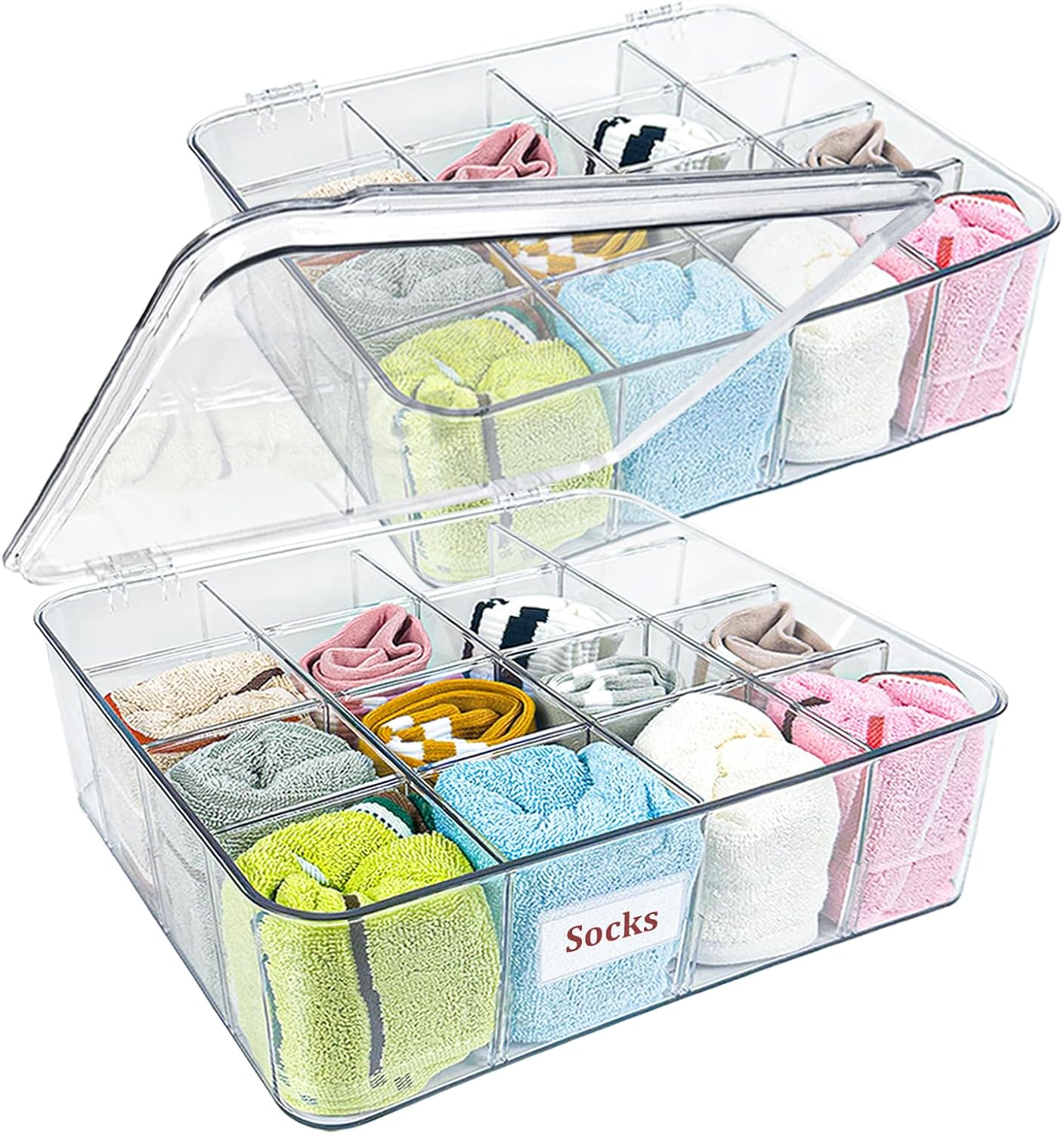 2 PCS Sock Underwear Organizer Clear Storage Containers 16 Cell Adjustable Dividers Plastic Drawer Organizer Box with Lids for Ties Bra Scarf (11.8×9.4×3.9")