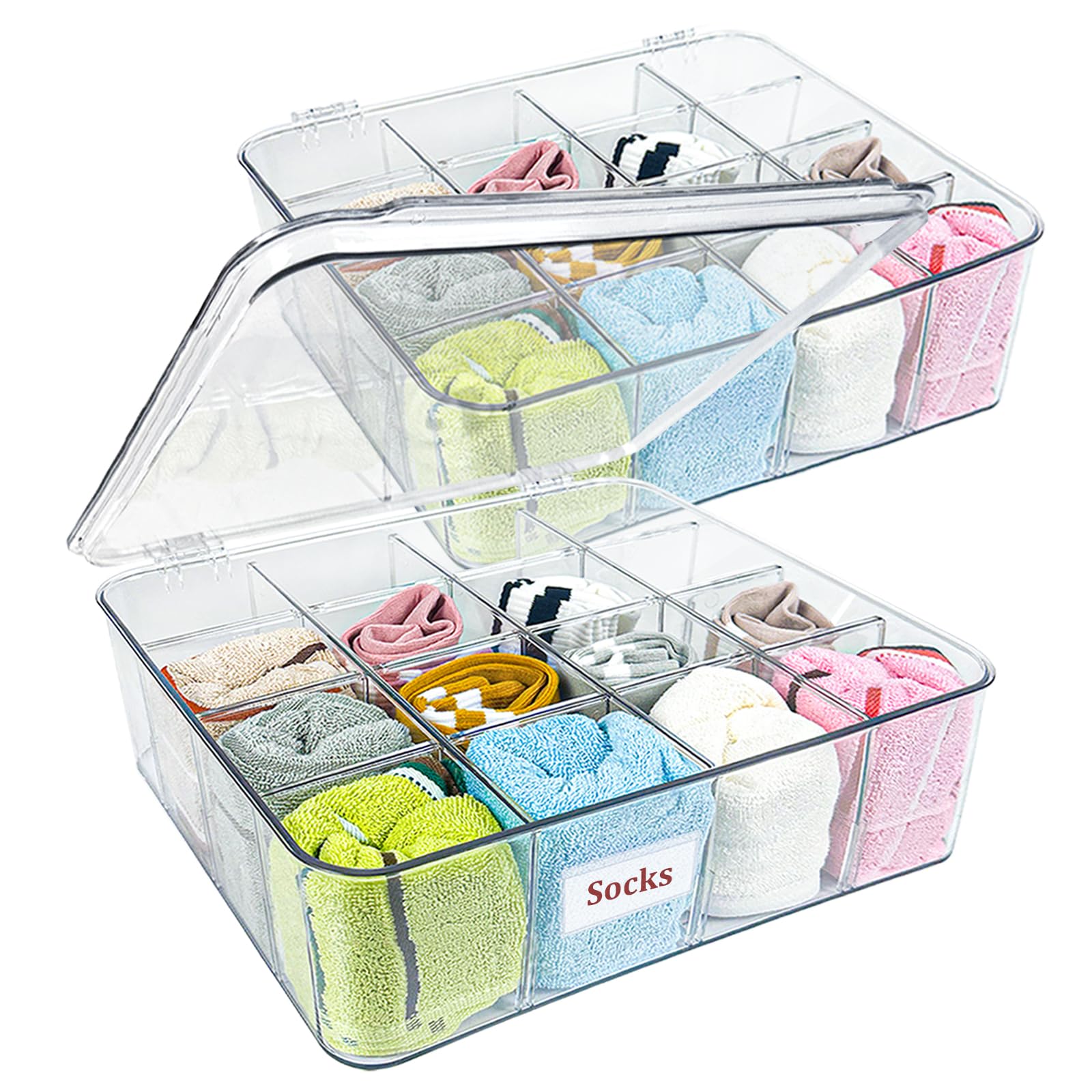 JDBZYDM 2 PCS Sock Underwear Organizer Clear Storage Containers 16 Cell Adjustable Dividers Plastic Drawer Organizer Box with Lids for Ties Bra Scarf (11.8×9.4×3.9