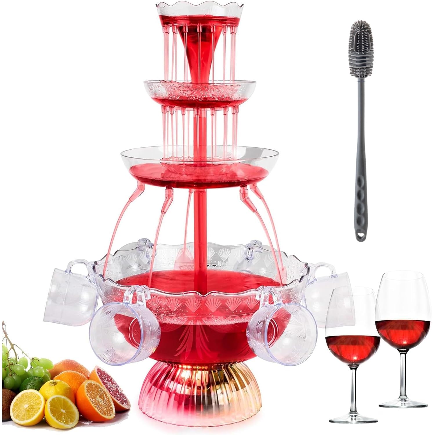 3-stufiger klarer Partybrunnen, Partybrunnen mit 5 wiederverwendbaren Bechern, LED-beleuchteter Sockel, Saft Und Weinbrunnen Trinkbrunnen für Kneipen, Hauspartys und Geburtstagsfeiern