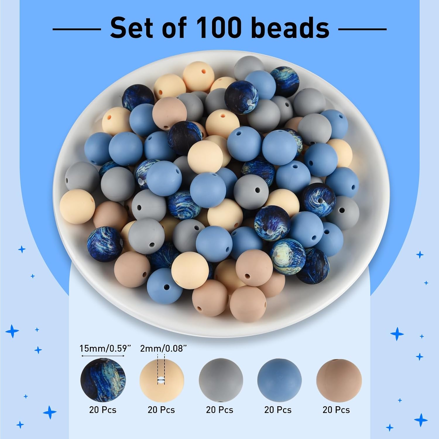 ASTARON 100 Pcs 15mm Starry Blue Silicone Beads for Keychain Making Crafts image 2