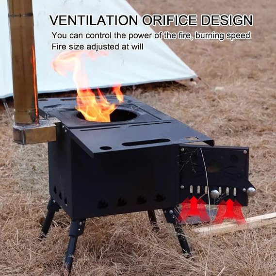 Wood Burning Stove,Vehicle-mounted Portable Woodstove With Steel Plate Heat-conducting Version With Three 6mm/2.4in Diameter Chimney Pipes For Camping Heating, Outdoor Cooking(Stainless steel plate,S)