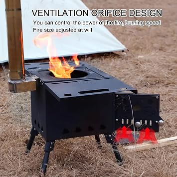 Wood Burning Stove,Vehicle-mounted Portable Woodstove With Steel Plate Heat-conducting Version With Three 6mm/2.4in Diameter Chimney Pipes For Camping Heating, Outdoor Cooking(Stainless steel plate,S)