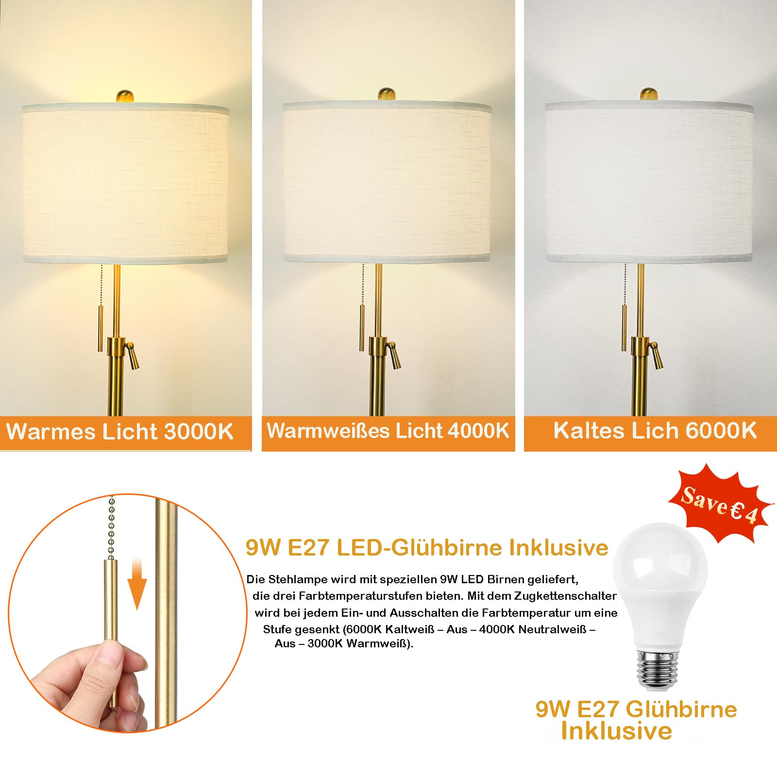 Qingmiao Stehlampe Wohnzimmer Modern Stehleuchte Standleuchte 140-168cm höhenverstellbare Leselampe mit Leinen-Lampenschirm, 3 Farbtemperatur,E27 Fassung, Gold (9W Glühbirne inklusive)