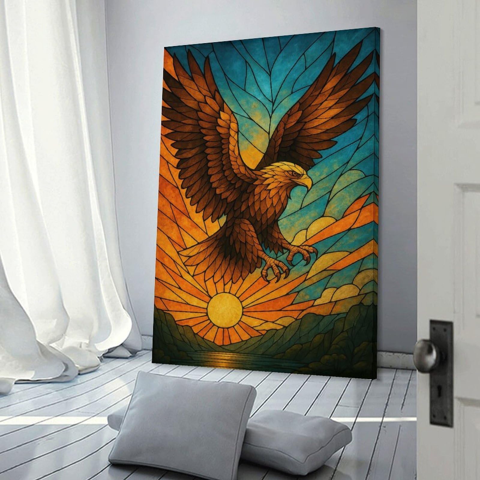 Junmoney Frame-Style-22 Hanging Wall Art Stained Glass Eagle Soaring At Sunset, 24X36inch(60X90cm), For Entryway, Lounge Links Or Small Walls, A Neat Decor Update For Hallways