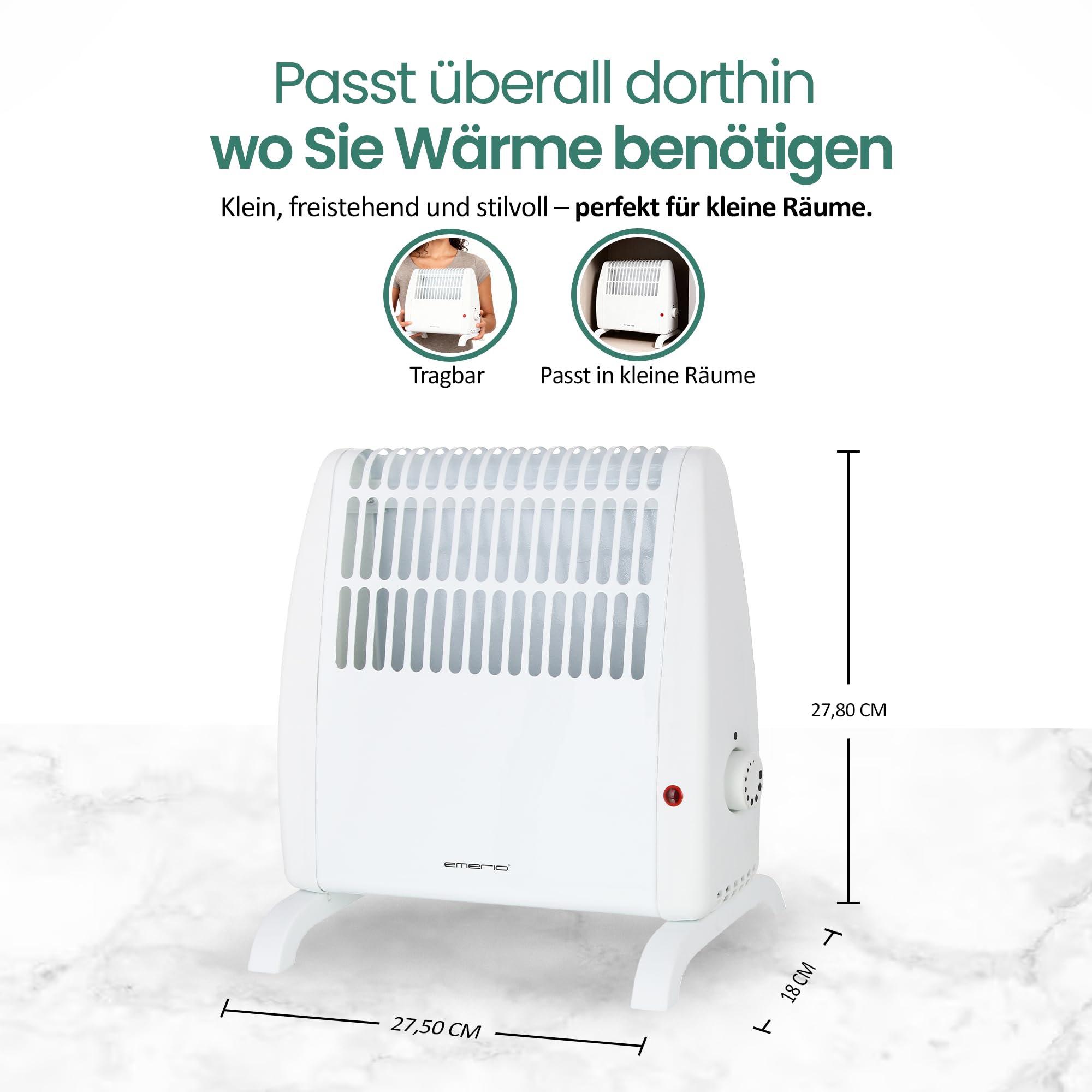 EMERIO Frostwächter | 500W Heizleistung | elektrische Heizung | Halt Räume frostfrei | regelbarer Thermostat | Frostschutzfunktion | Überhitzungsschutz | große Standfüße + Wandhalterung | FG-117320
