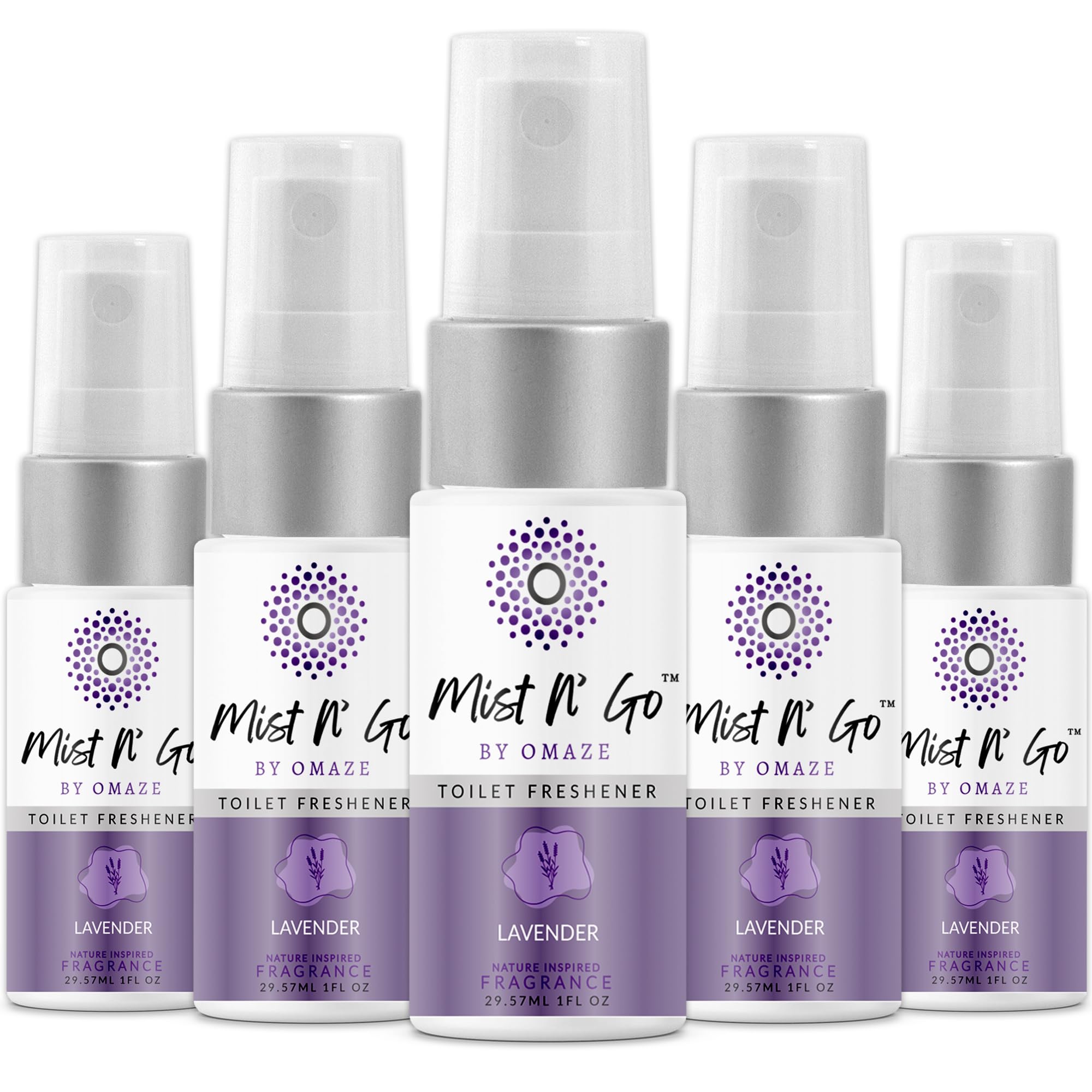 Mist N’ Go by Omaze Travel Bathroom Spray for Toilet Spray Odor Eliminator - Travel Toilet Spray for Bathroom Air Freshener Spray for Bathroom Deodorizer - Lavender Travel Size (1oz x5)