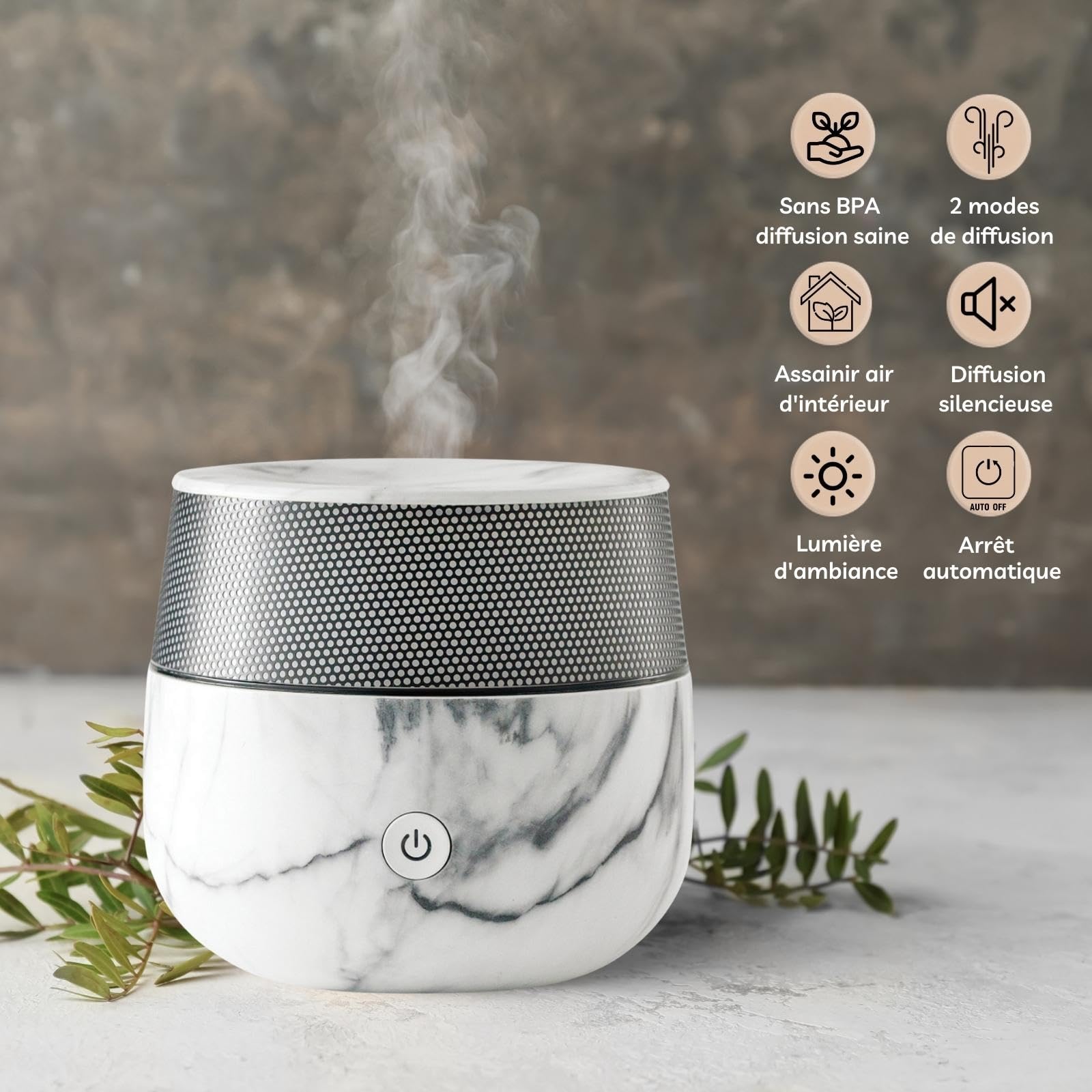 Zen'Arôme - Diffusor Kailo - Luftbefeuchter für ätherische Öle - Ultraschall-Aromatherapie-Vernebler - Elektrische Duftlampe im Marmor-Design mit verstellbarer LED-Beleuchtung und Diffusion - Auto-Off