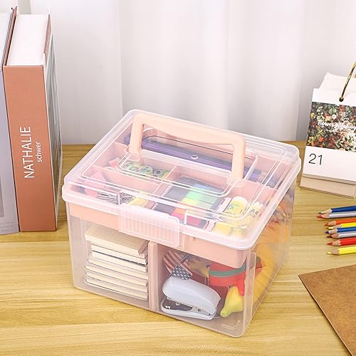 Miniatura 2 de BTSKY Caja de almacenamiento dividida de plástico transparente de 2 capas con bandeja extraíble, caja de almacenamiento de papelería multiusos con
