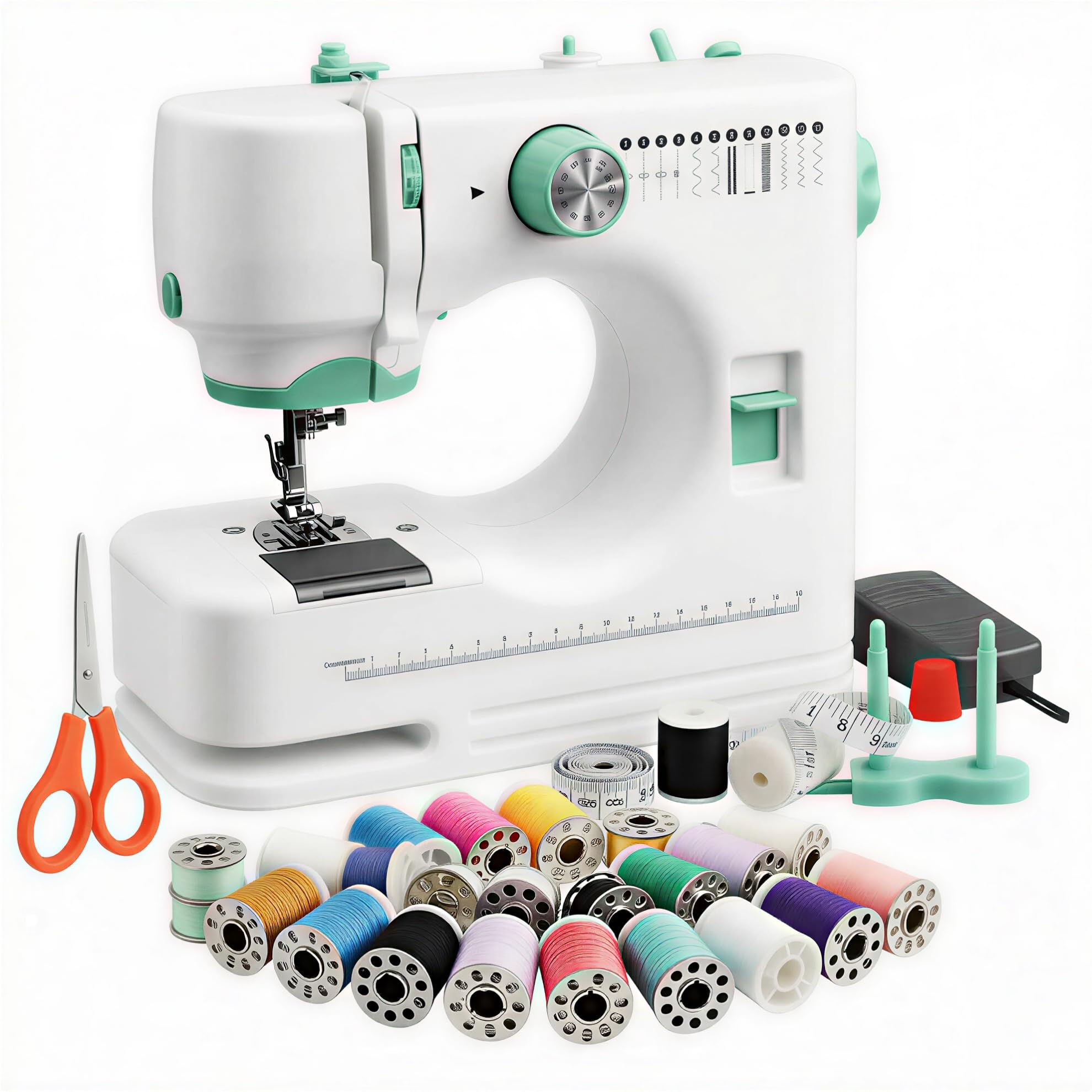 FONCOOD DIY Craft Sewing Machine, 12-Stitch Portable Electric Machine for Beginners, with 14 Bobbins & Accessories Kit, Perfect for Handmade Gifts, Fashion & Art Projects (White and Green)