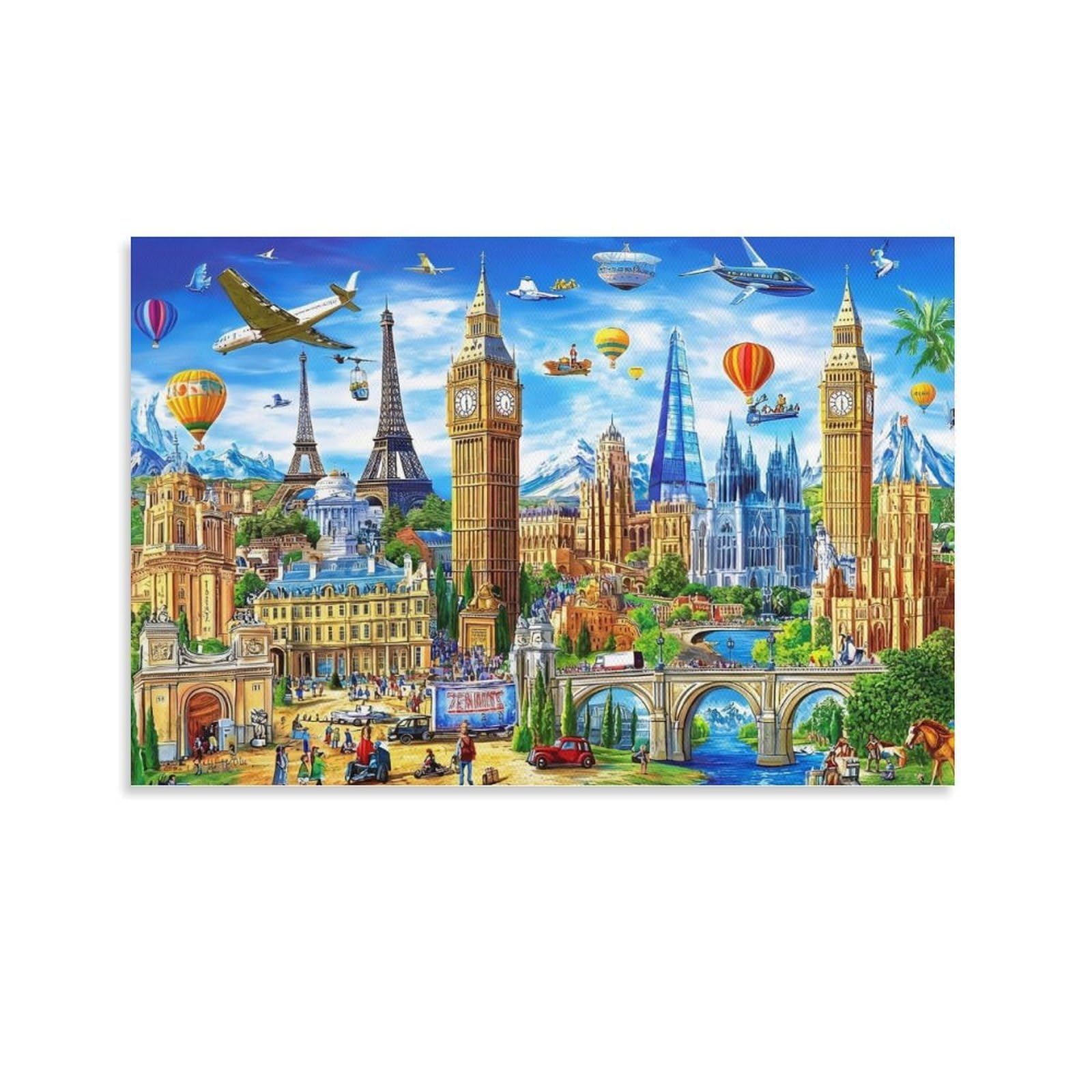 CPLVKWRQJ World Landmarks Collage Single World Landmarks Collage Art Canvas Wall Art - Nursery Canvas Wall Hanging Space Saving Ready to Hang Decor 08x12inch(20x30cm)