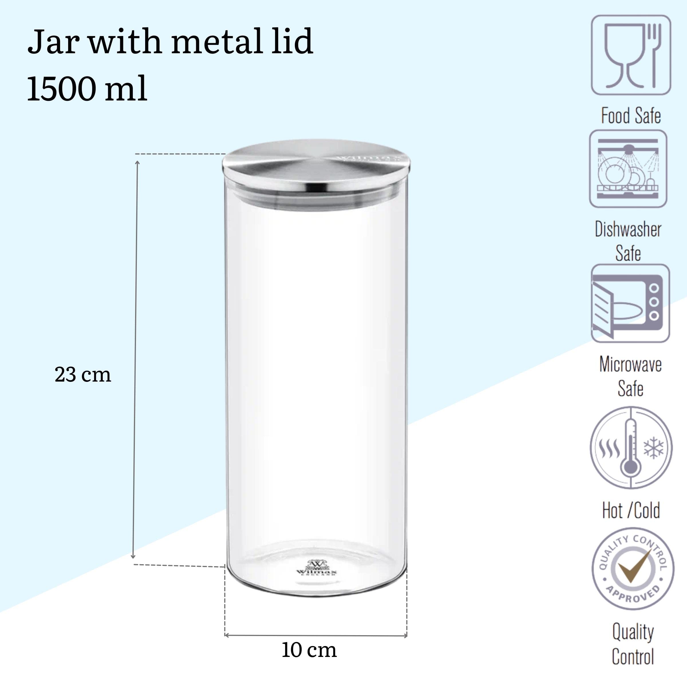 WILMAX - Contenitori in vetro con coperchio in metallo - Barattoli per spezie - Contenitori con coperchio a vite - Contenitori per la cucina - Lavabili in lavastoviglie, set da 2, 1500 ml