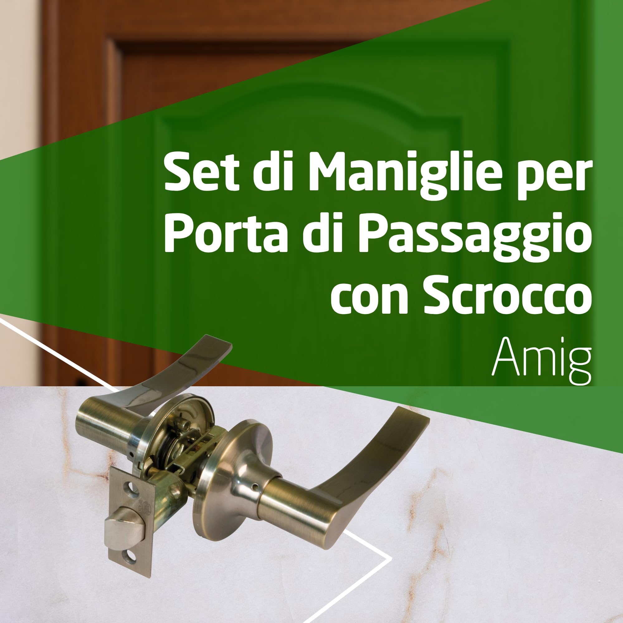 Amig - Maniglia di Passaggio con Scrocco - Scrocco da 60/70 mm - per Porte in Legno da 35 a 45 mm - Maniglia con Rosetta - Regolabile e Reversibile - Pelle - Zamak - Mod. 711