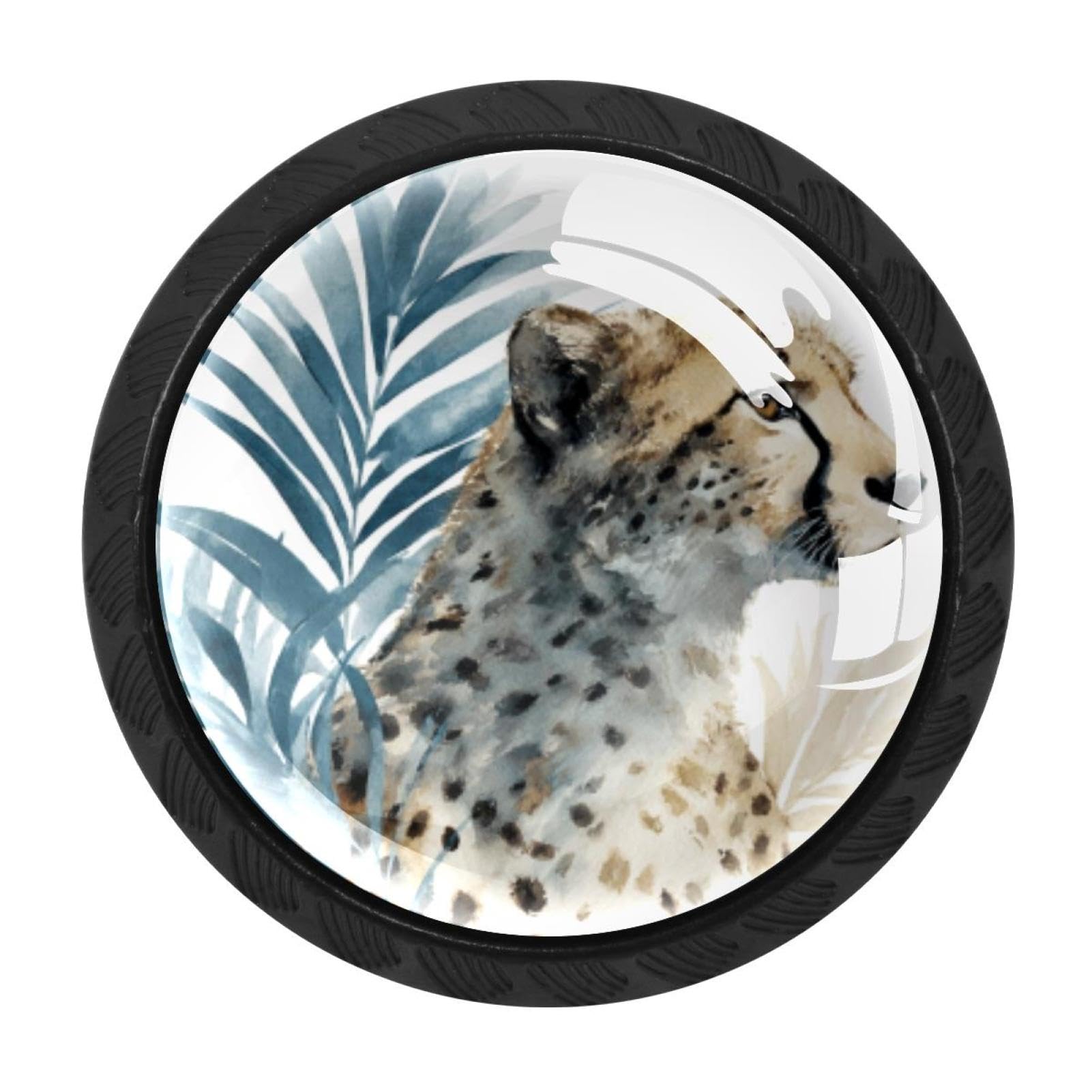 CHENZZZZ 4 Pack Black Cheetah and Palm Leaves (25) Cabinet Pulls with Screws, Kitchen Cabinet Knobs Hardware