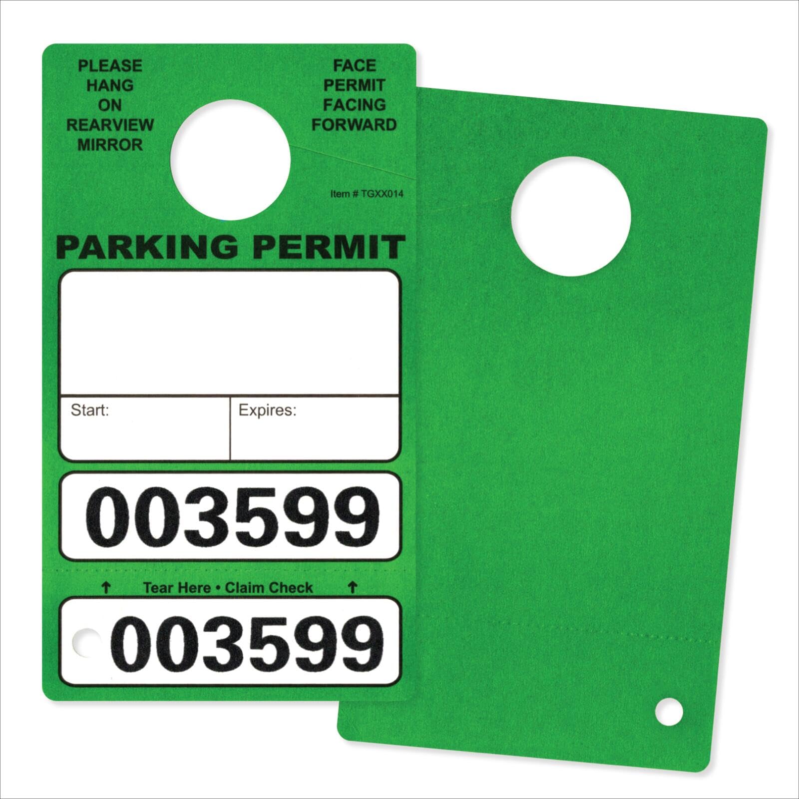 500 Green Parking Permit Hang Tags for Car Rear View Mirror, with Vehicle Claim Check. Parking Pass with Perforated Cardstock Key Tag. Printed in